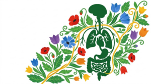 A flat folk-art vector illustration of the human vagus nerve framed by stylised flowers, leaves and curling vines on a white background.