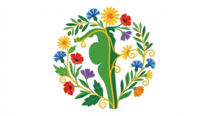 A flat folk-art vector illustration of a human brainstem framed by stylised flowers and curling vines on a white background.