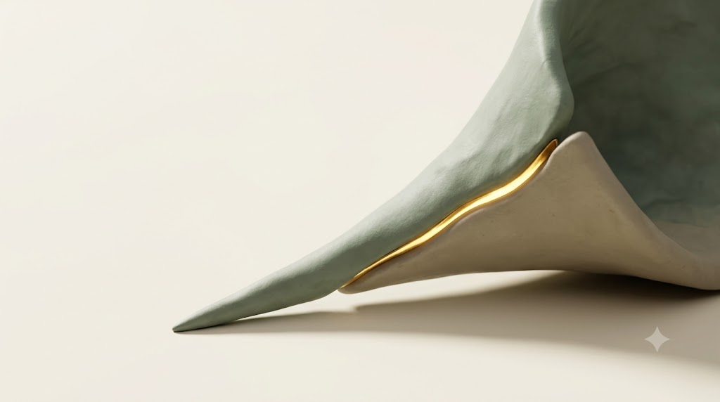 A soft matte clay sculpture of a nerve fiber shaped as a funnel narrowing to a fine point, seen from a low angle with a bright golden seam along a break.