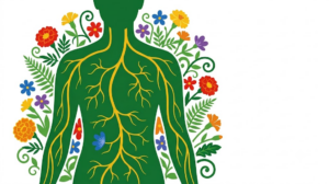 Flat vector folk-art illustration of a simplified human torso with the vagus nerve branching through it, backed by a stylised flower garden on a white background.