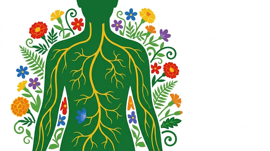 Flat vector folk-art illustration of a simplified human torso with the vagus nerve branching through it, backed by a stylised flower garden on a white background.