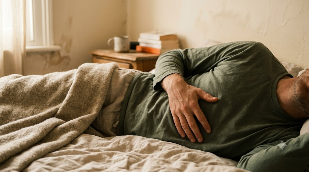 A close, warm over-the-shoulder photograph of a person lying on their side on rumpled bed linen taking a slow deep breath with a hand resting on their ribs.