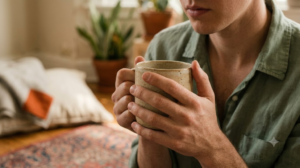A person cupping a warm mug close to their chest with both hands in a warm, lived-in room.