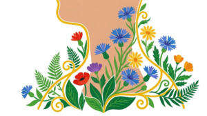 Flat vector illustration of a human neck and throat in profile framed by folk-art flowers, ferns and vine scrollwork.