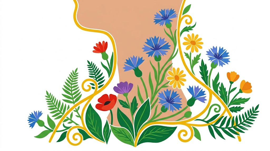 Flat vector illustration of a human neck and throat in profile framed by folk-art flowers, ferns and vine scrollwork.