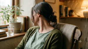 A close, warm over-the-shoulder photograph of a person resting still with fine acupuncture needles along the side of their neck beside a windowsill.