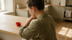 A person lying still with fine acupuncture needles placed in their ear, photographed in soft natural light.