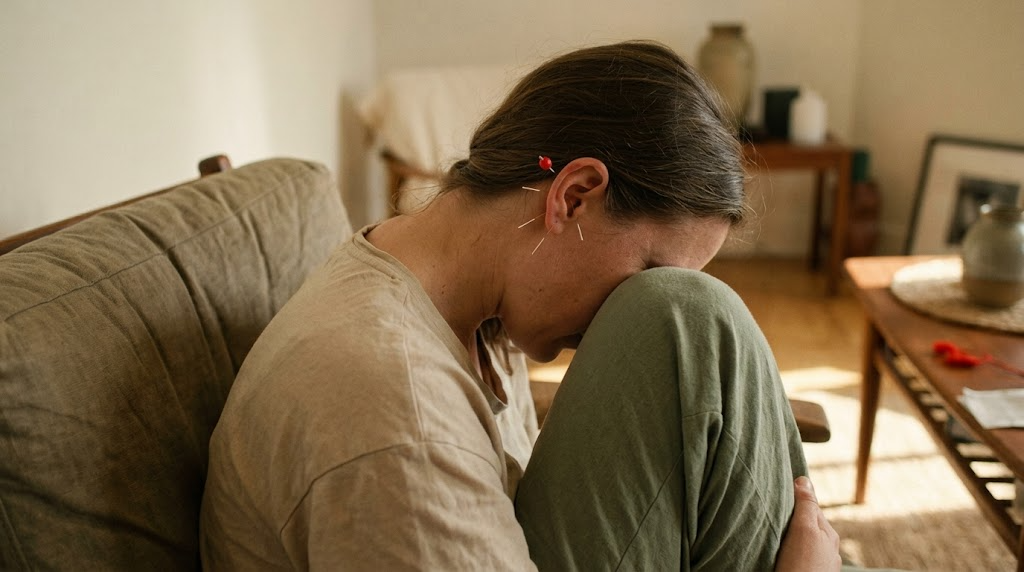 A person seated in a deep armchair in low morning sun while fine acupuncture needles are placed along their outer ear.