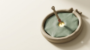 A soft matte clay render of an acupuncture needle against a taut membrane stretched over a circular frame, with a single bright golden light element.