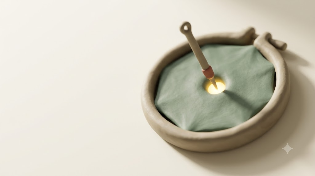 A soft matte clay render of an acupuncture needle against a taut membrane stretched over a circular frame, with a single bright golden light element.