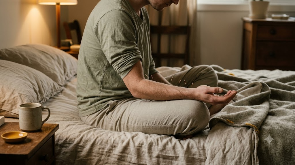A person sits very still on rumpled bedding with one forearm turned palm up and fine acupuncture needles in place.