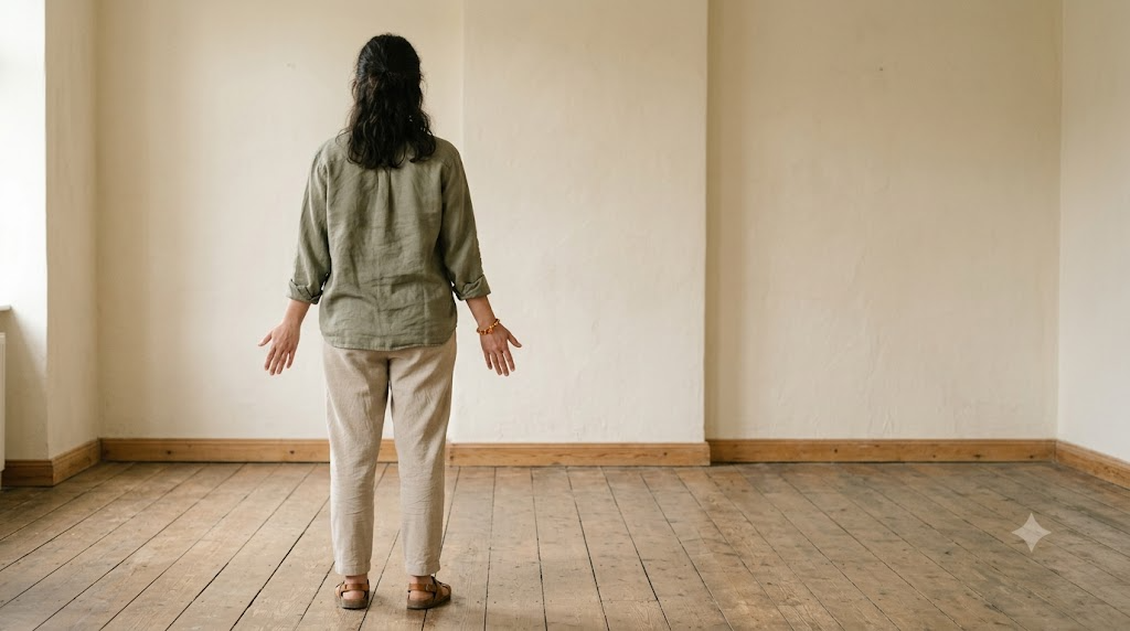 Seen from behind, a person stands still in a bare sunlit room with palms turned open at their sides.
