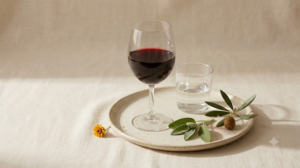 A still life of a glass of red wine beside a small tumbler of clear spirits on a plain surface.