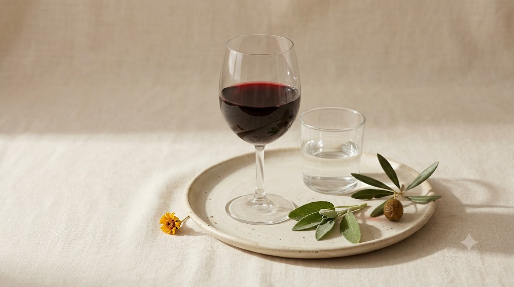 A still life of a glass of red wine beside a small tumbler of clear spirits on a plain surface.