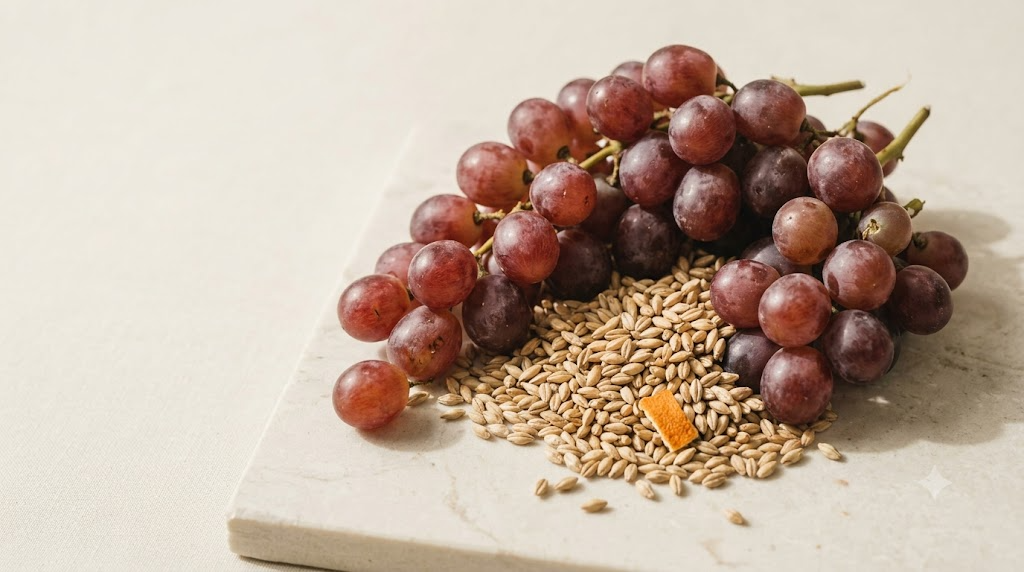 Red wine grapes and barley grains gathered in a loose mound on a pale stone slab.
