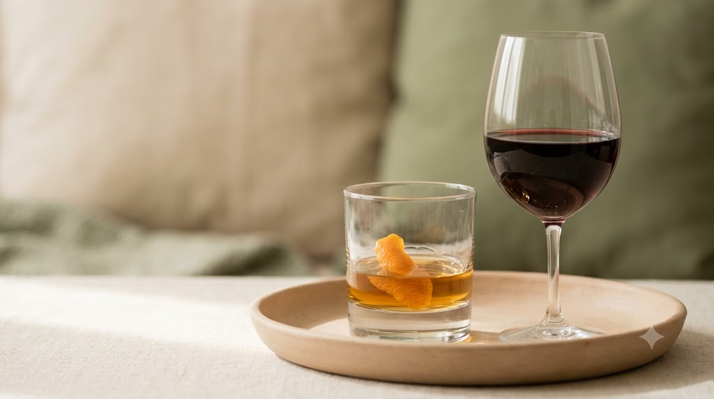 A glass of red wine and a small tumbler of amber whisky arranged on a shallow raw clay dish in soft daylight.