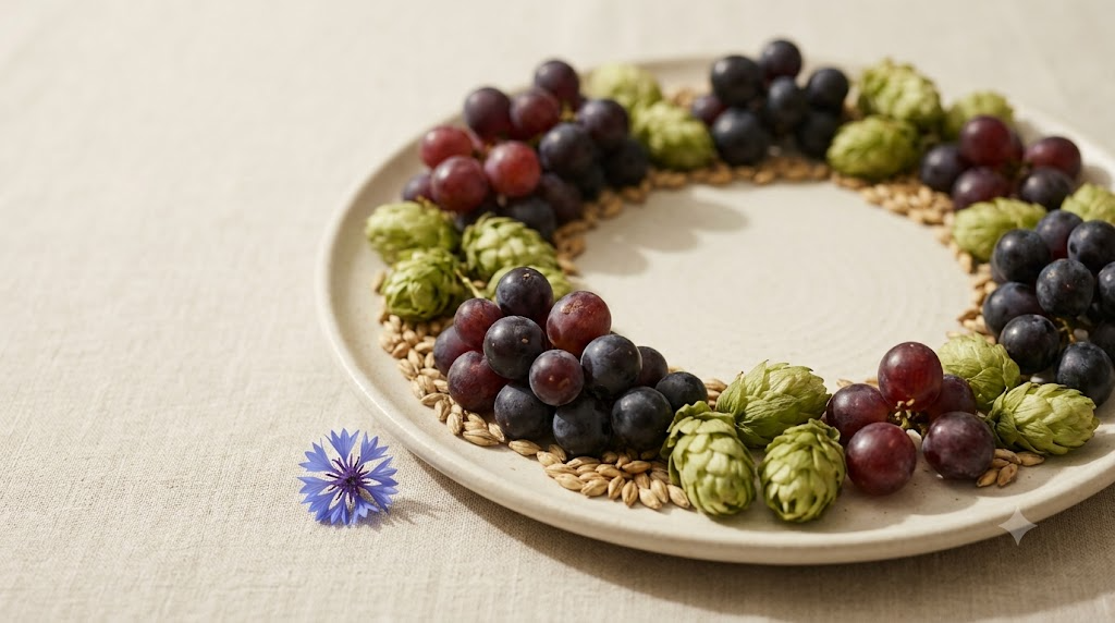 Wine grapes, barley grains and hops arranged in a loose ring on an unglazed ceramic plate.