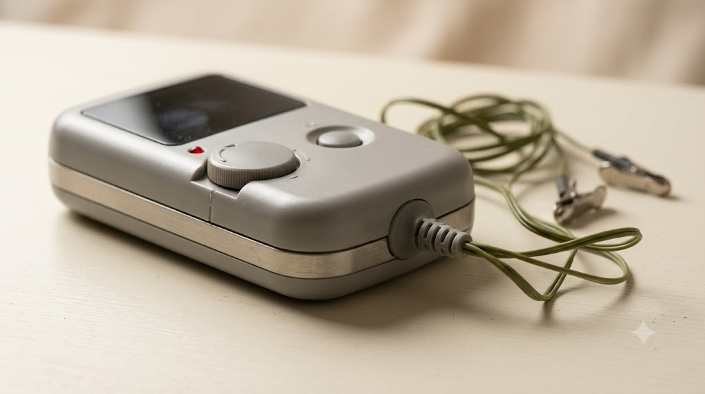 A small handheld microcurrent stimulator with a dial and a cable running to two ear clips, photographed on a plain pale surface.