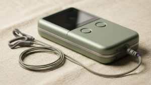 A small olive handheld nerve stimulator with ear clips on thin cables resting on a neutral cloth