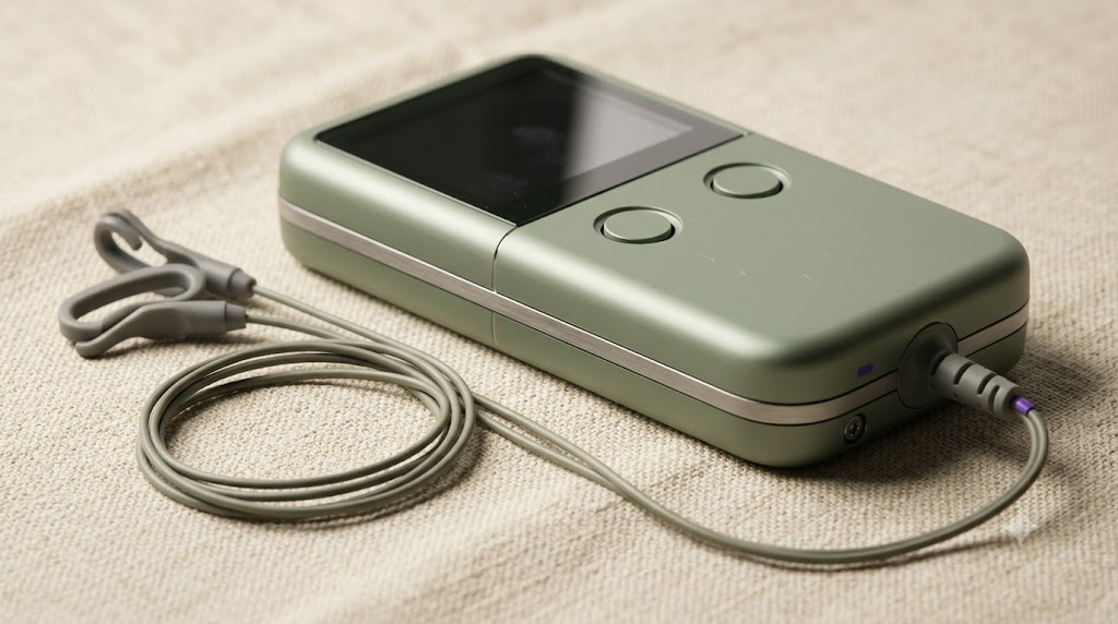 A small olive handheld nerve stimulator with ear clips on thin cables resting on a neutral cloth