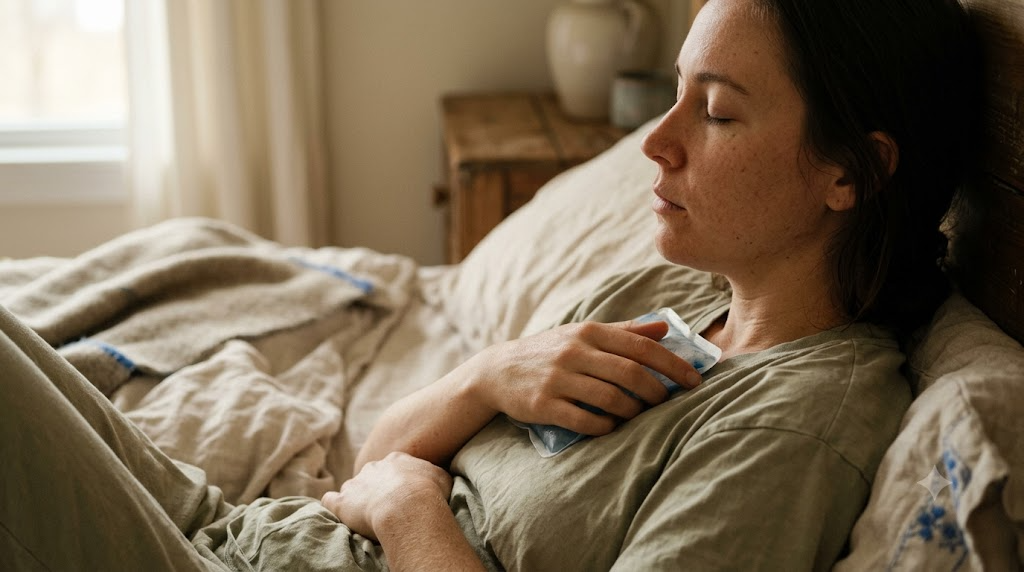 A person in profile with eyes closed on a rumpled bed holding a cold pack against their chest in soft window light.