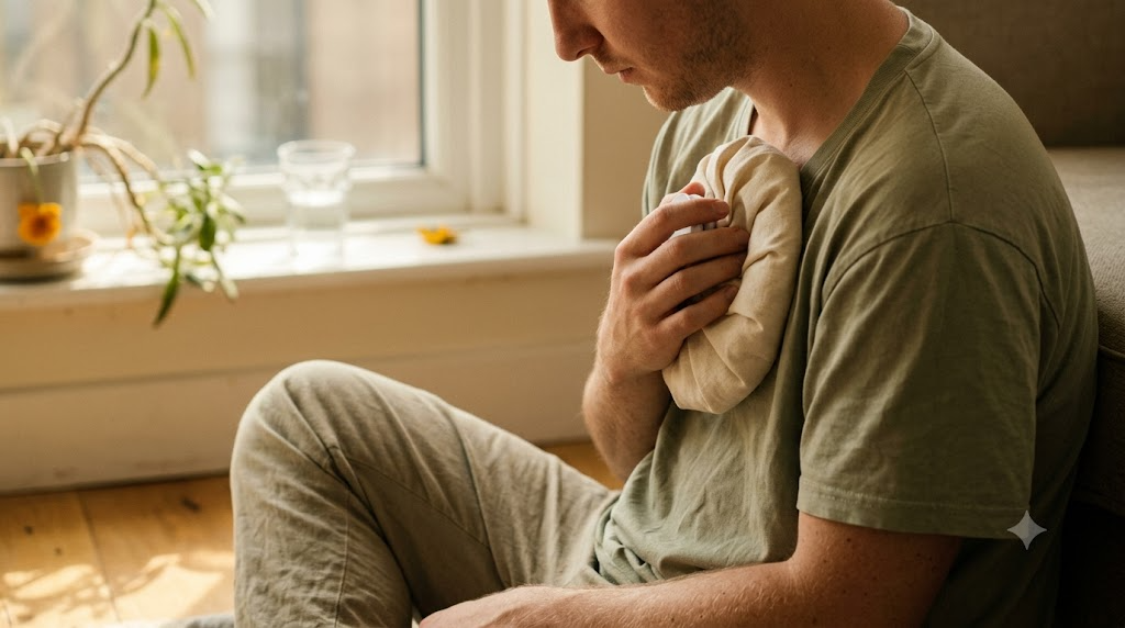 A person seated by a windowsill holding a cloth-wrapped ice pack against their upper chest.