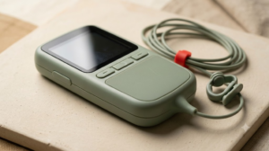 A sage handheld nerve stimulator with an ear clip and coiled cable on an unglazed clay tile.