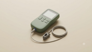 An overhead product photograph of a plain handheld nerve stimulator with an ear clip electrode on fine linen cloth.