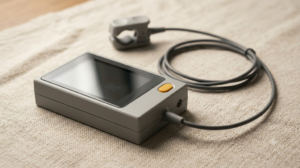 A small unbranded grey control unit with a dark glass screen and a clip electrode on a coiled cable resting on slubby linen.