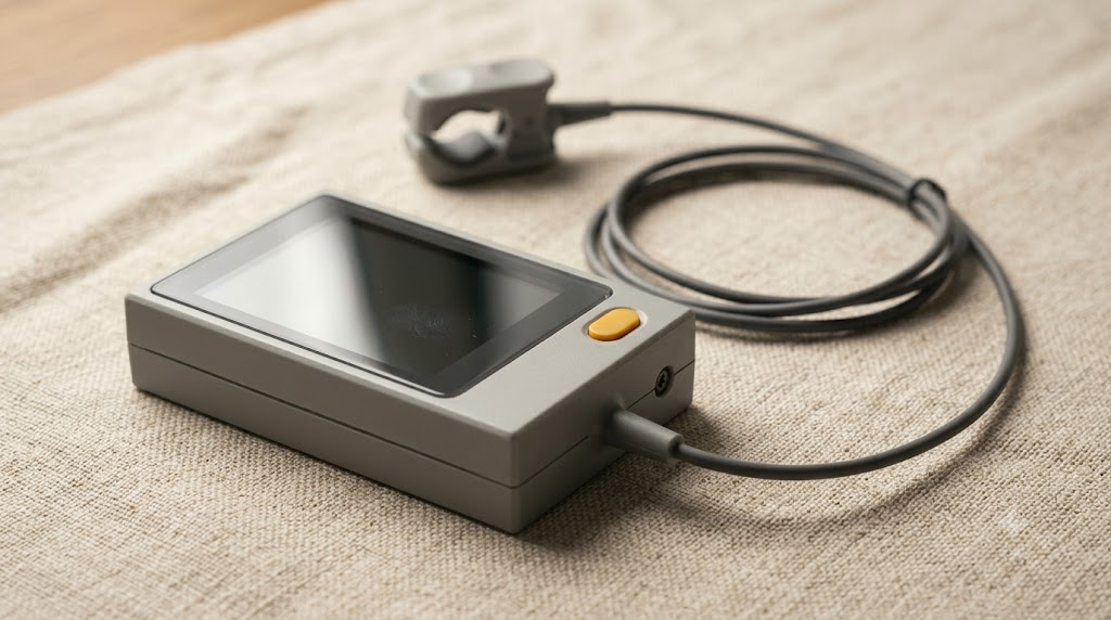 A small unbranded grey control unit with a dark glass screen and a clip electrode on a coiled cable resting on slubby linen.