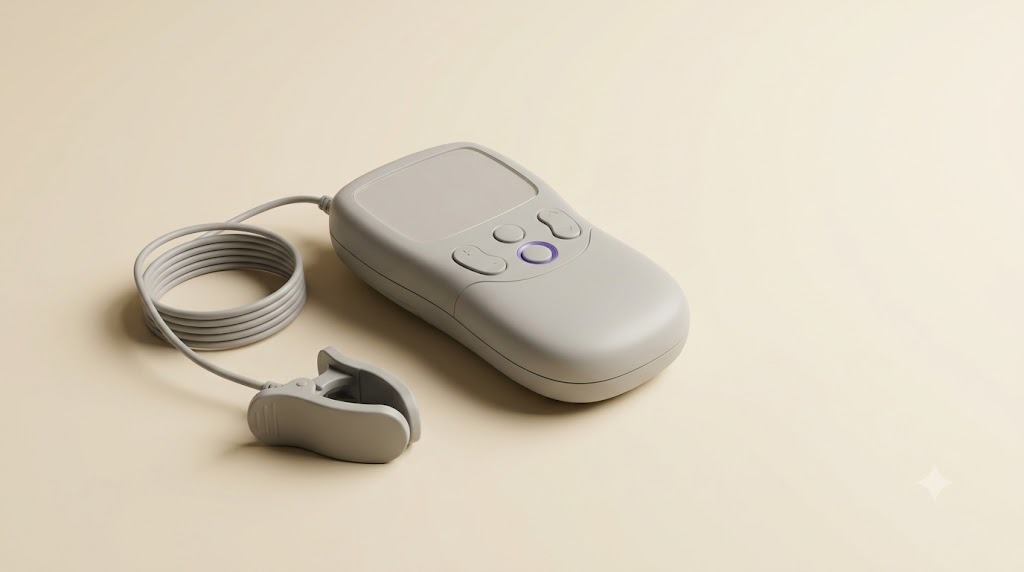 A small unbranded handheld nerve stimulator with an ear clip on a seamless warm cream backdrop.