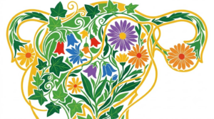 A flat folk-art vector illustration of a human womb filled with bellflowers, asters and trailing ivy.