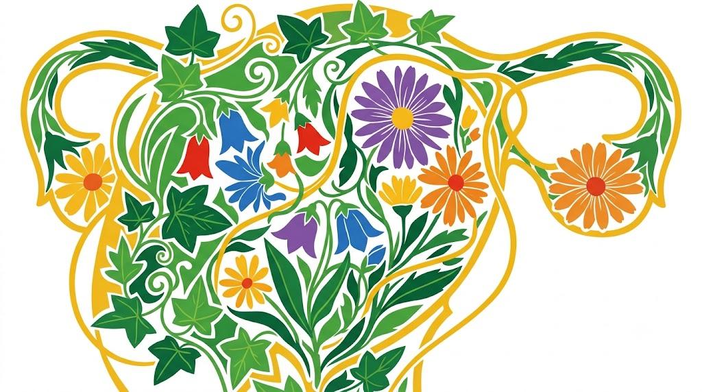 A flat folk-art vector illustration of a human womb filled with bellflowers, asters and trailing ivy.