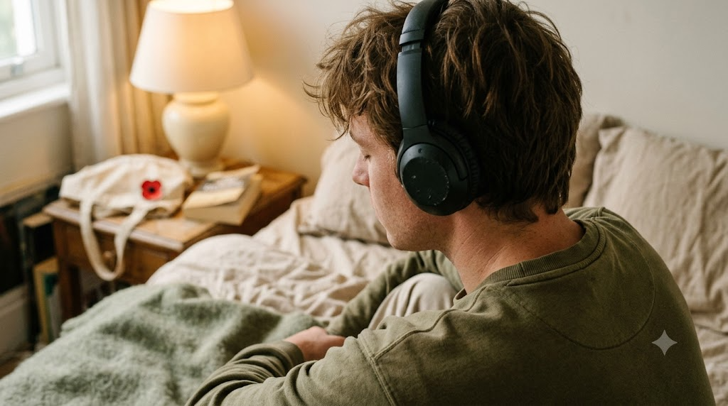 A person seen from behind on a bed listening through plain unbranded headphones with their eyes closed in warm lamplight.