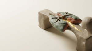 Clay sculpture of sage-green lungs forming a slender bridge between two putty plinths, split by a bright golden seam.