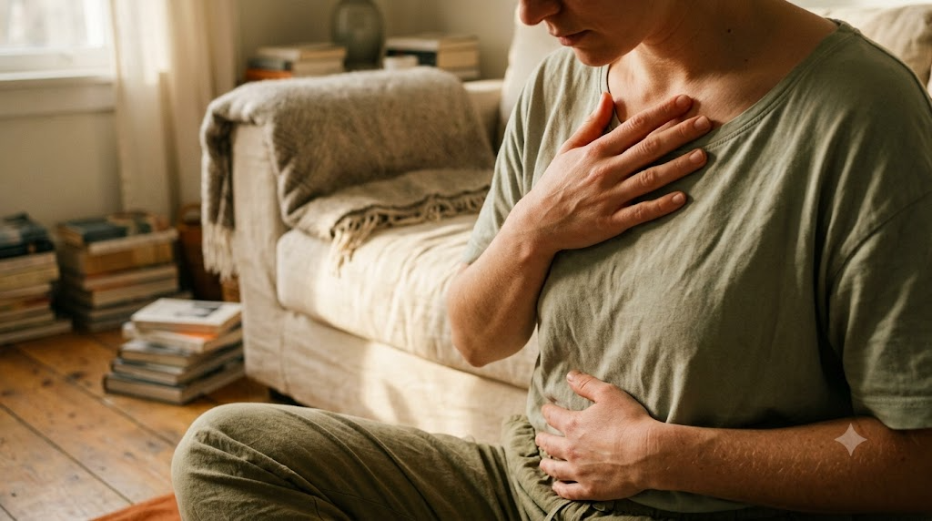 Seen from just above, a person breathes in slowly with one hand on their chest and the other on their belly on a sofa.
