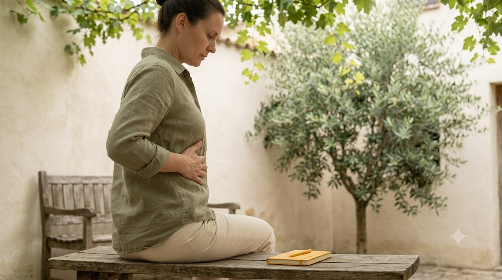 A person seated upright breathing in slowly with one hand resting on their ribs in soft natural light.