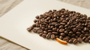 A loose mound of roasted coffee beans spilling across a sheet of soft cream paper.