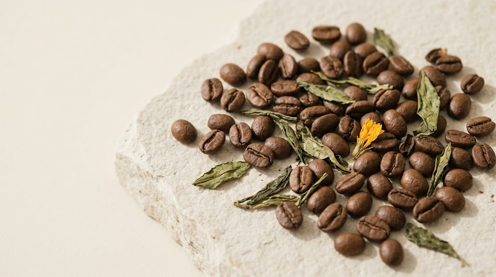 Roasted coffee beans and dried green tea leaves scattered across a pale stone slab.