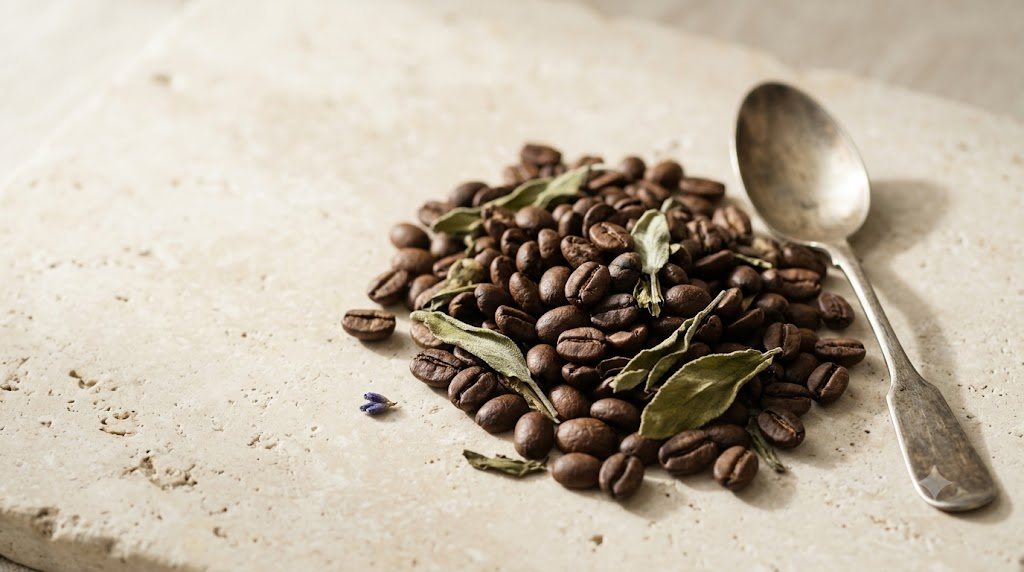 Roasted coffee beans and dried tea leaves arranged on a plain surface in soft daylight.