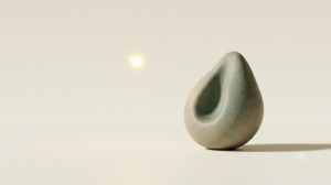 A smooth sage-green clay droplet-shaped stone hollowed by a channel, with a single golden spark suspended in the air beside it.