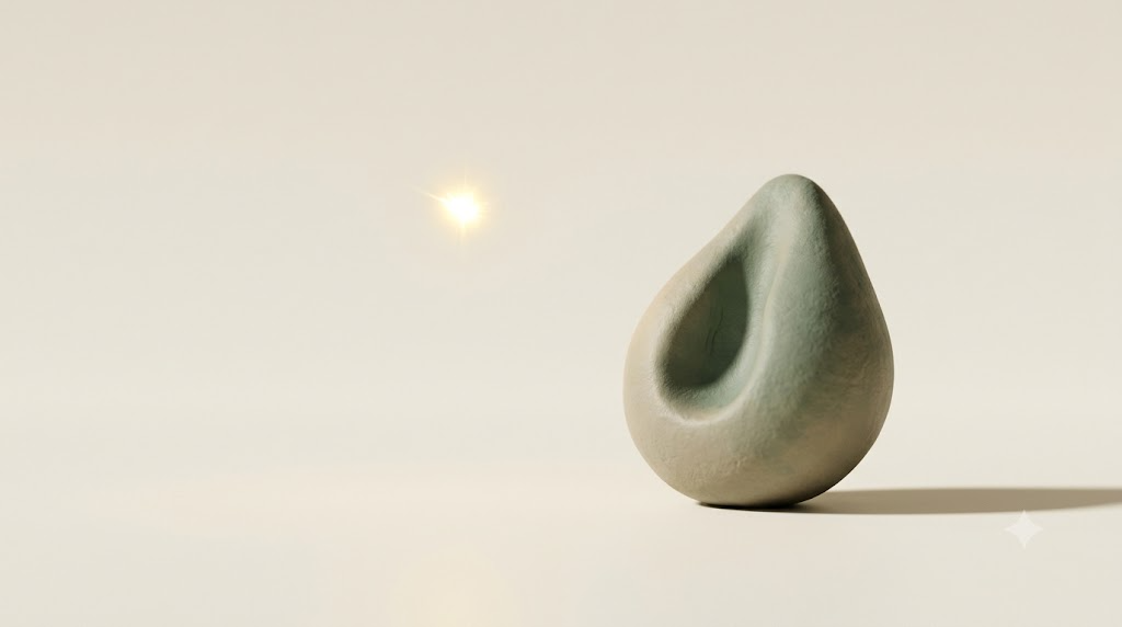 A smooth sage-green clay droplet-shaped stone hollowed by a channel, with a single golden spark suspended in the air beside it.