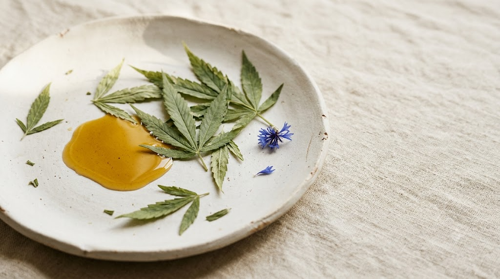 A still life photograph of fresh hemp leaves beside a small pool of golden CBD oil on a plain pale surface.