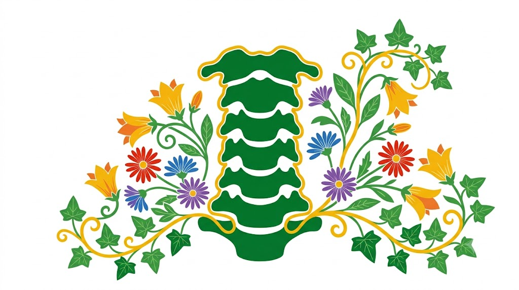 A flat vector folk-art illustration of a human cervical spine surrounded by stylised flowers and a golden vine on a white background.