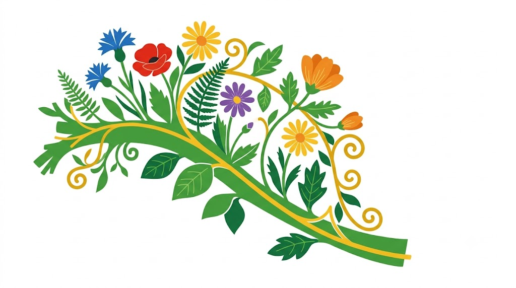 A flat folk-art vector illustration of the human vagus nerve framed by stylised flowers and curling vines on white.