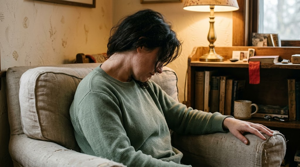 A person seated in a deep armchair easing their head round to one side to release their neck.