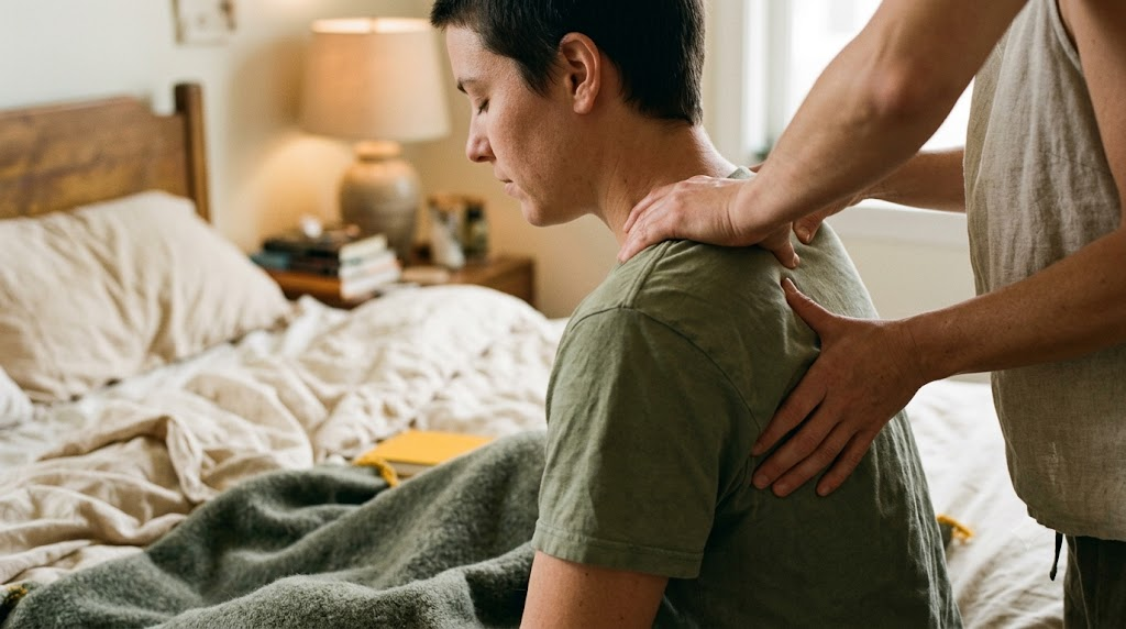 A practitioner’s hands working on a seated person’s shoulder and upper back in a warm bedroom