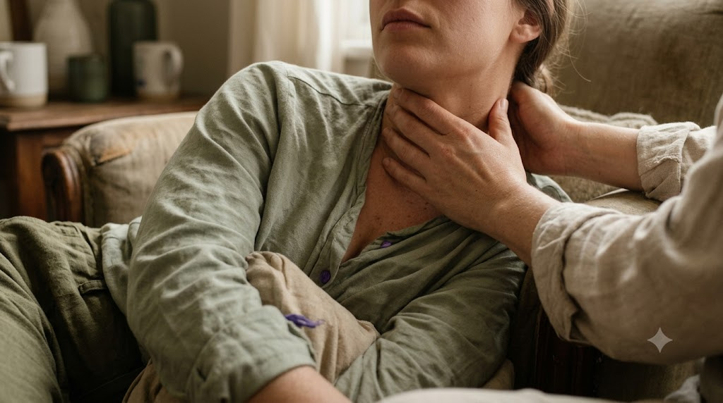 A person lying on their side on a rug while another person's hands cradle the base of their neck, in a warm, lived-in room.