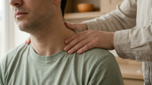 A person in a sage t-shirt seen in profile while a practitioner's hands rest gently on their neck and shoulder in warm daylight.