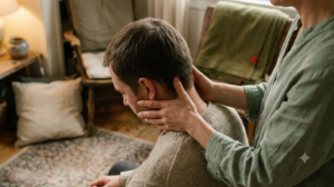 A close, warm over-the-shoulder photograph of a person receiving a gentle neck adjustment, a practitioner&rsquo;s hands cradling the base of their skull.